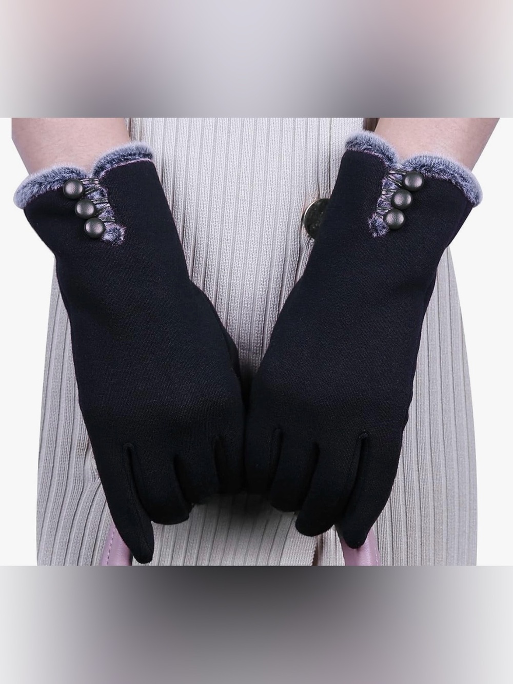 $10 Add-on | Black Women's Faux-Fur Trim Gloves with Button Detail